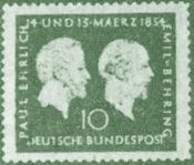 Почтовая марка, выпущенная в Германии в честь присуждения Нобелевской премии по медицине и физиологии. Слева — П. Эрлих.